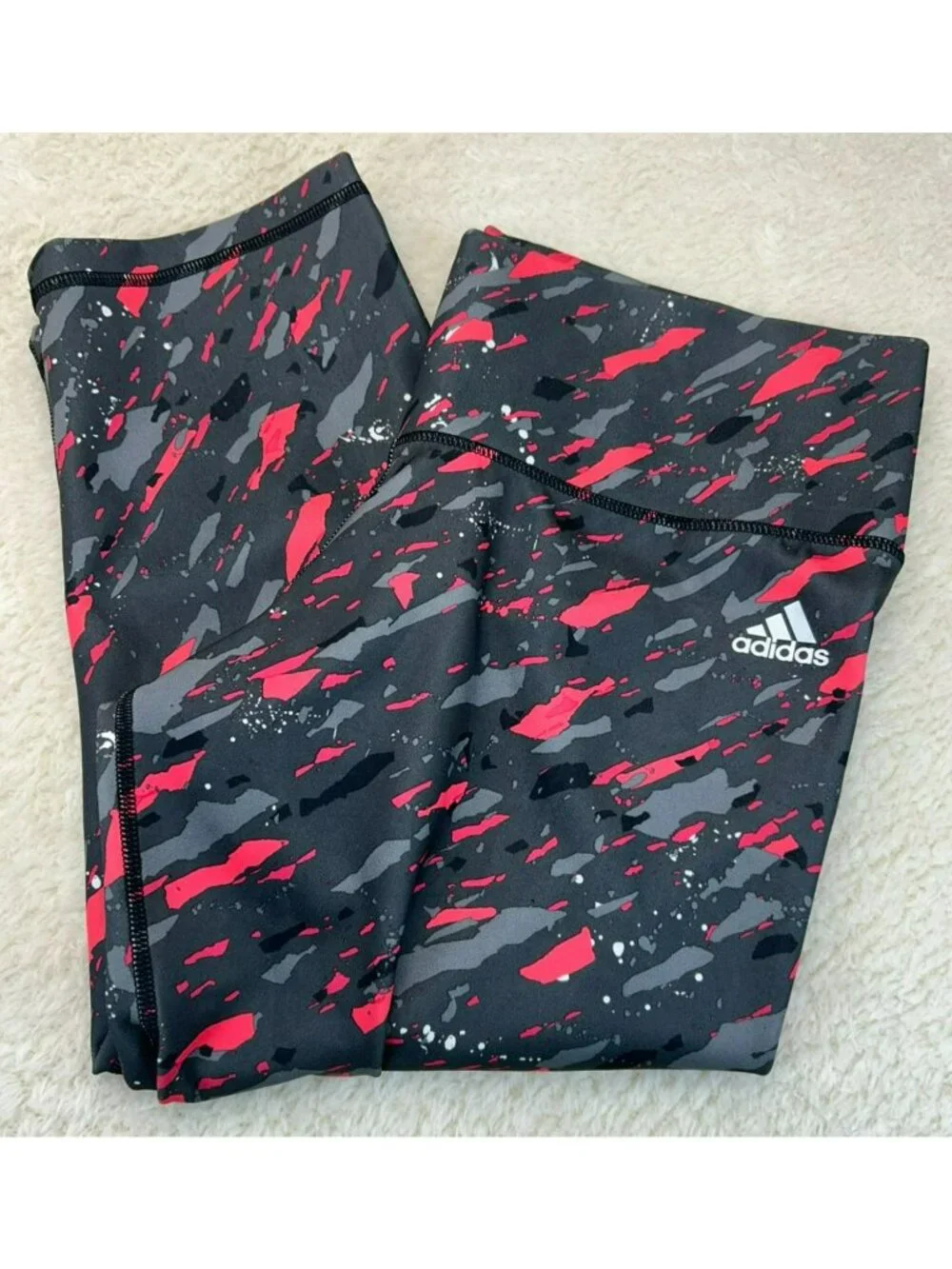 Adidas Womens Climalite Athletic Capri Leggings Large Abstract Print Black & Pin - Picture 1 of 6